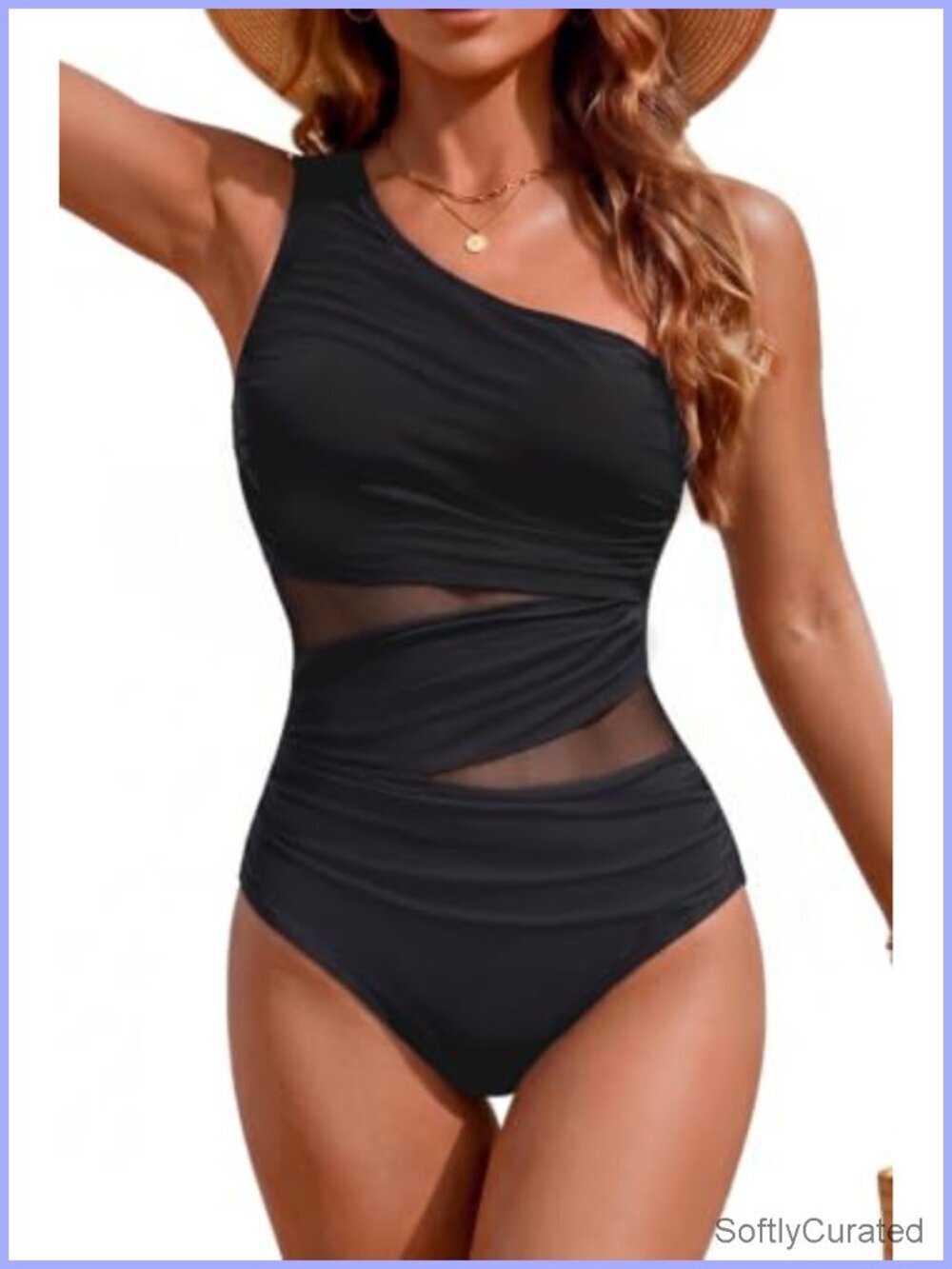 One Shoulder Cut Out Mesh One Piece Swimsuit Tummy Control